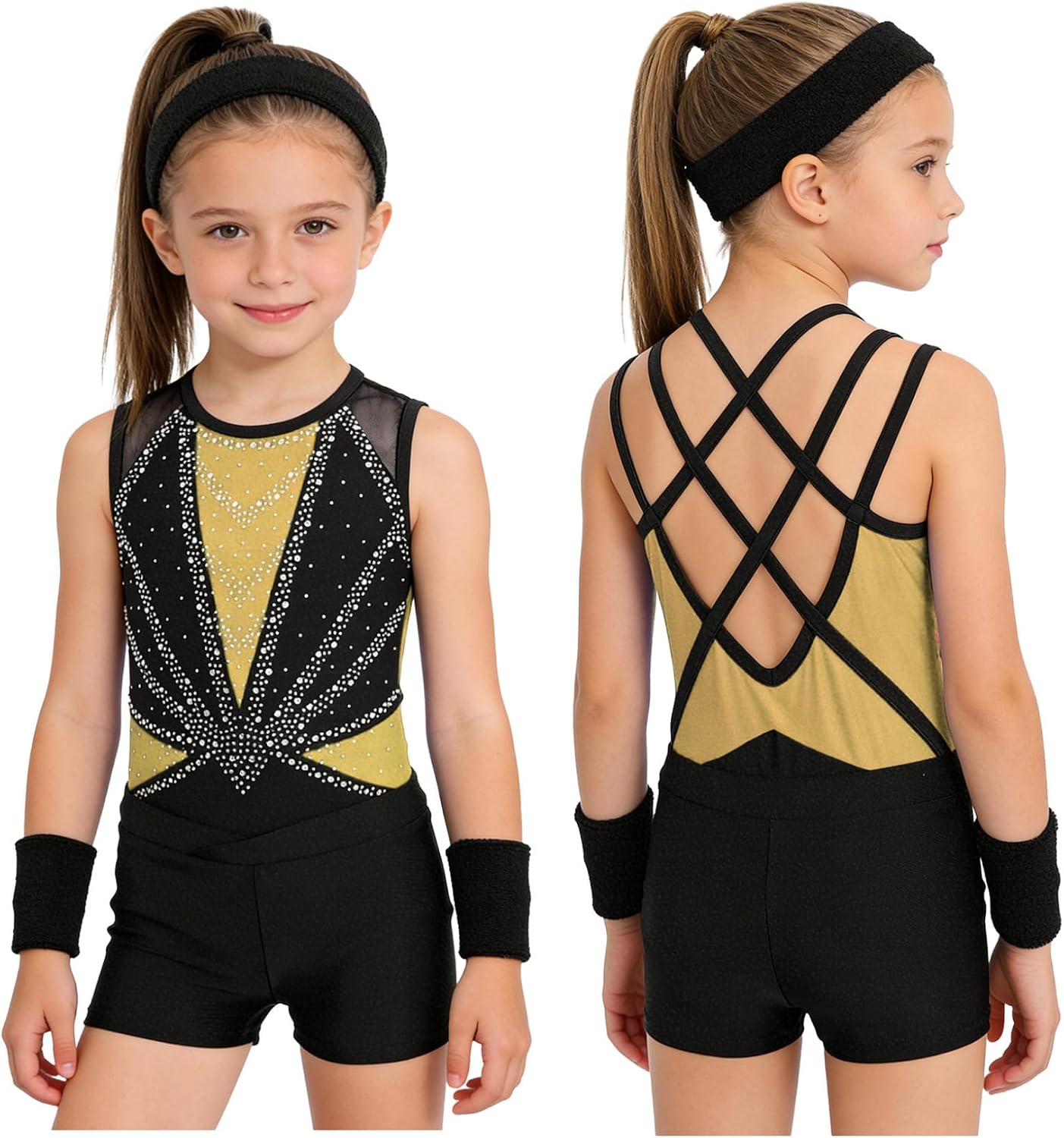 Oyolan Gymnastics Leotards for Girls Sparkly Sleeveless Ballet Dance Unitard Biketard and Shorts Scrunchie Wristband Set