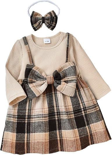 Alunsito Baby Girl Clothes Long Sleeve Bow Dress Solid Ribbed Knit Dress Splicing Strap Plaid Skirt Headband 2pcs Outfit Amazon Co Uk Clothing