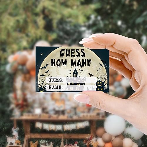 Miniatura 4 de Adivina cuántos dulces están en el frasco, boleto de inserción temática de calabaza de Halloween (1 letrero de pie + 50 tarjetas de adivinanzas),