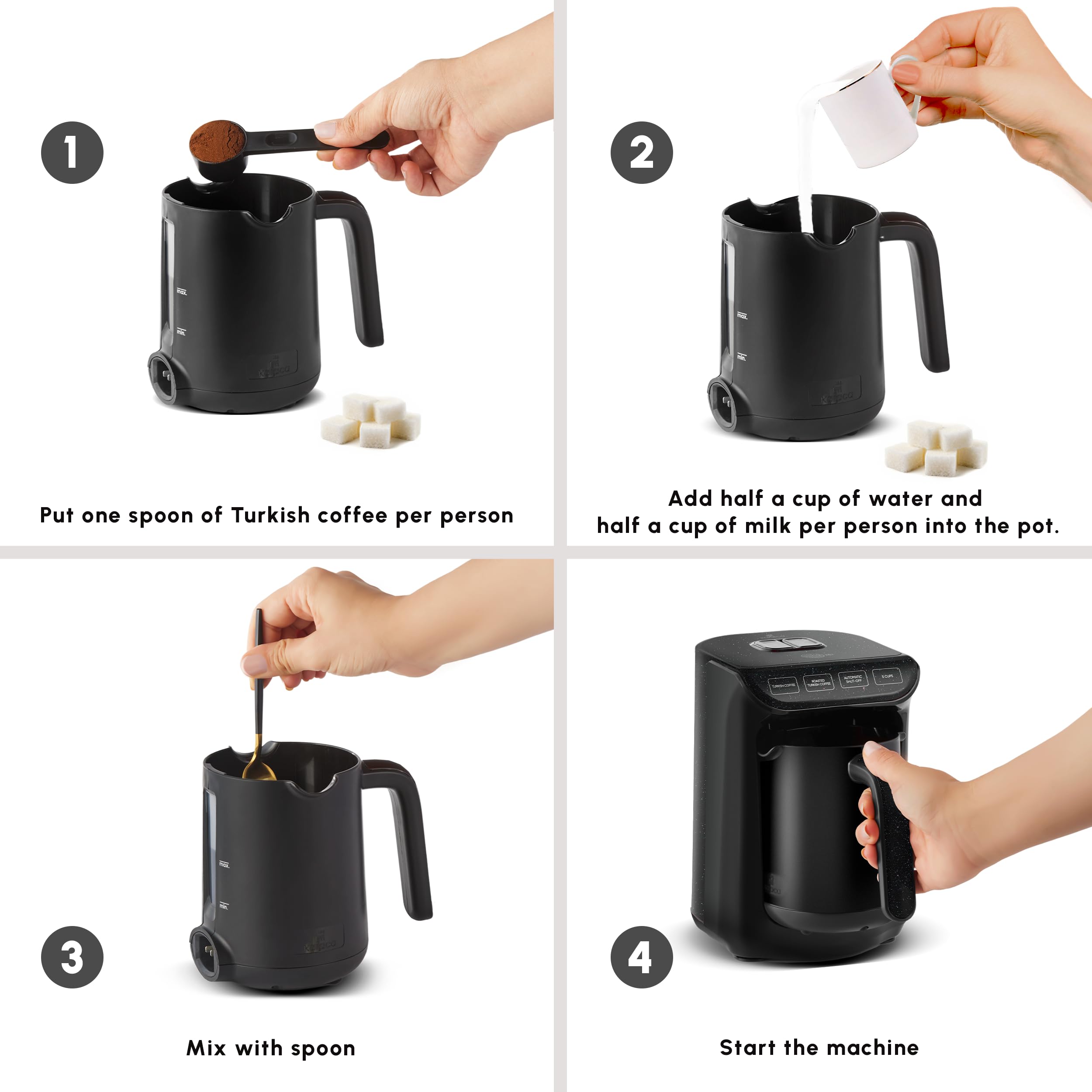 KARACA Hatır Köz Machine à café turque laiteuse, cafetière turque traditionnelle, 5 tasses, infusion de style ember, modes lait et chocolat chaud, anti-débordement, arrêt automatique, noir brillant