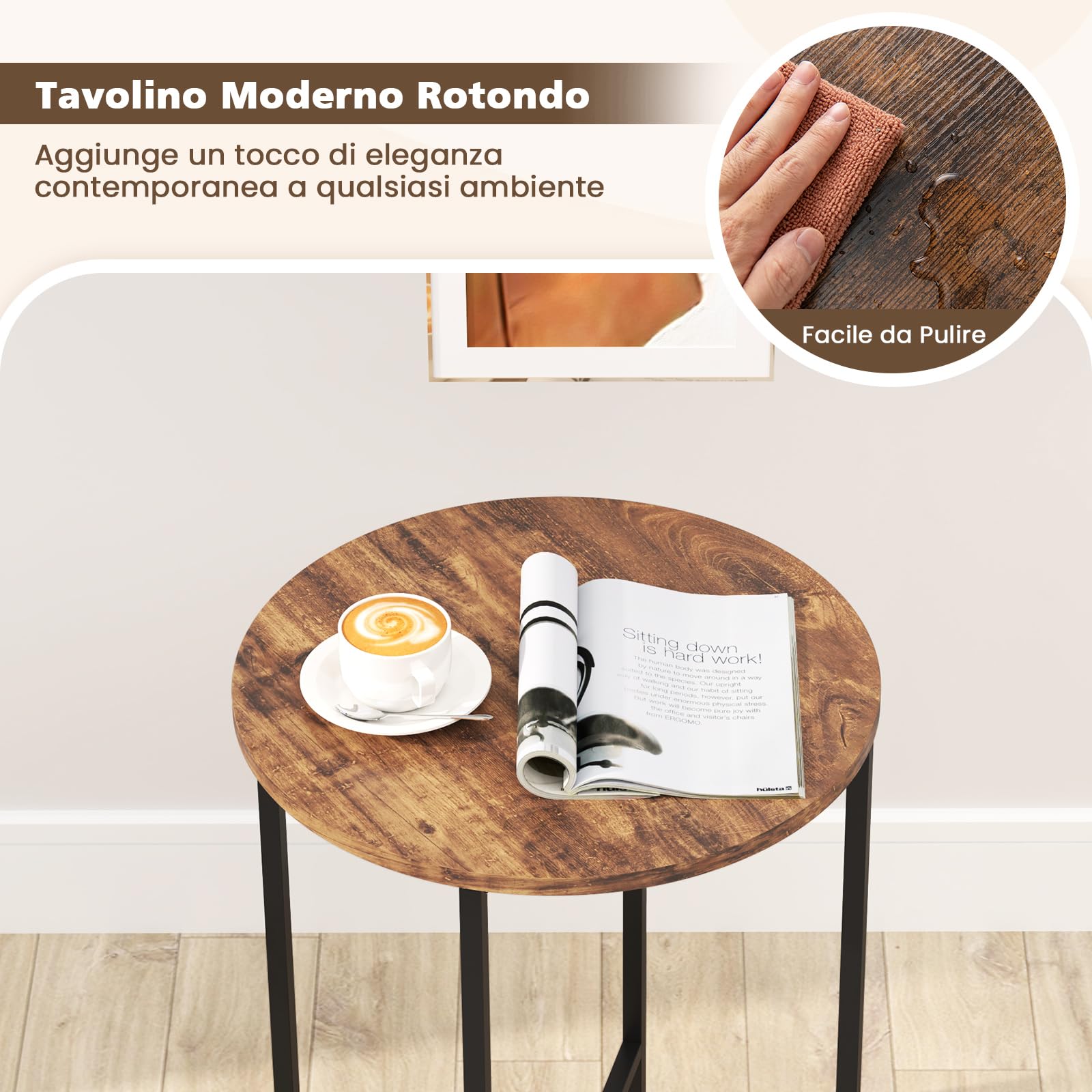 COSTWAY Tavolino Rotondo per Piccoli Spazi, Tavolino a 2 Ripiani con Cestino in Tessuto Rimovibile e Struttura in Metallo, Tavolino da Salotto, Camera da Letto e Studio (Marrone e Nero)