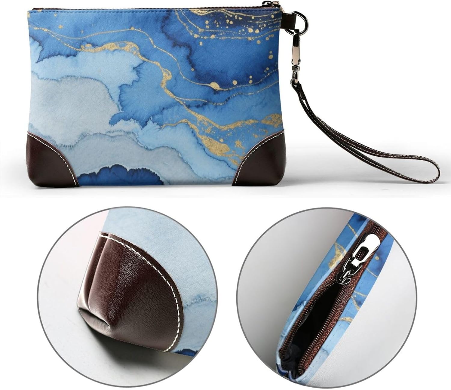 Abstract Blue Marble Watercolor Leather Wristlet Wallet Clutch Purse for Women Handbags Travel Credit Card Holder Phone Bags