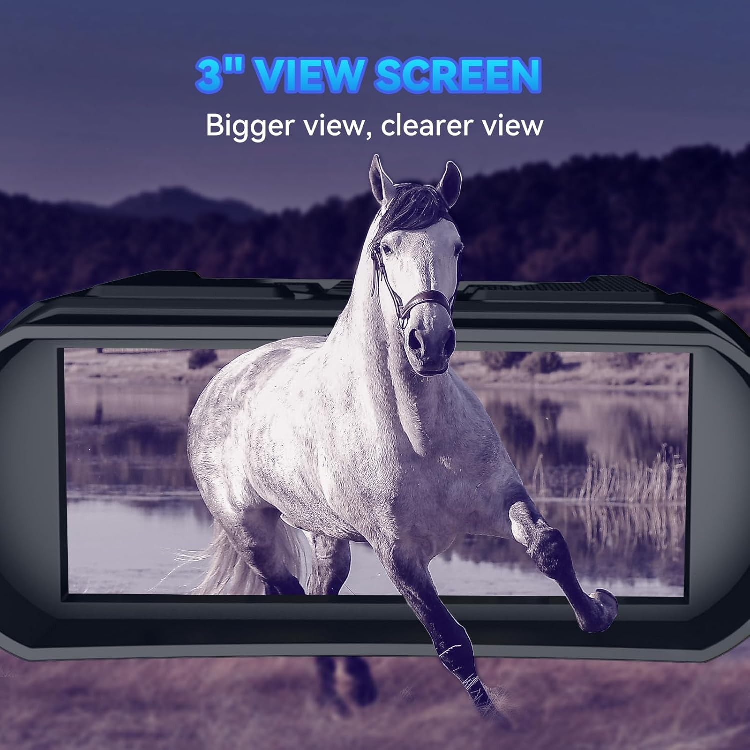Close-up of the Xilecam Night Vision Goggles showing the 3-inch view screen with a horse image.