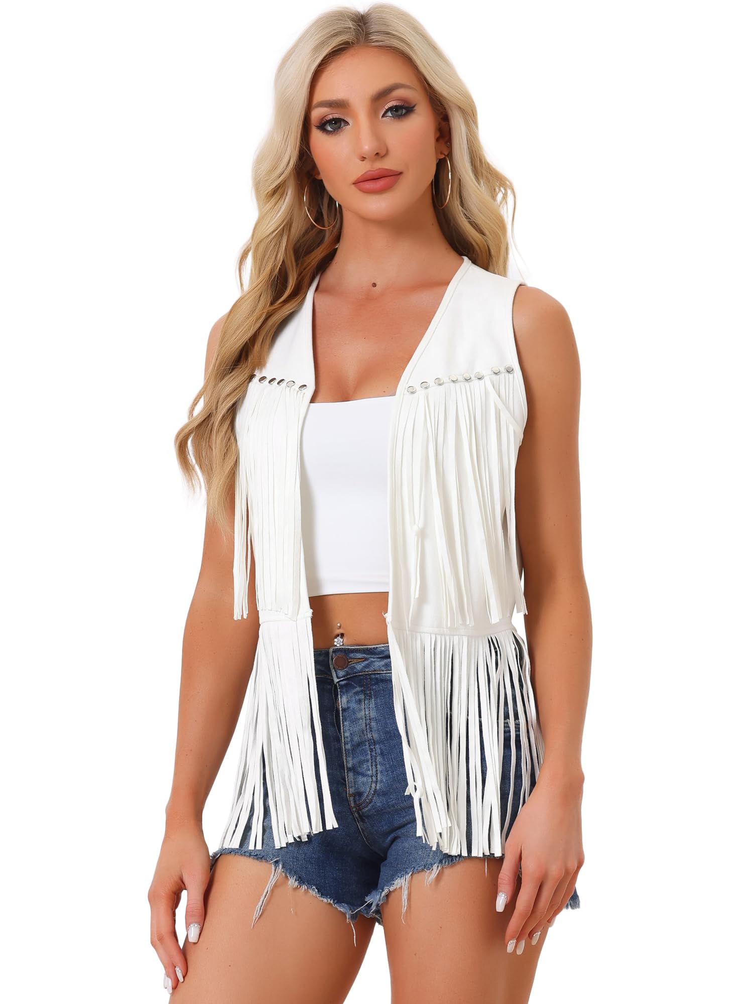 allegra k Women's Fringe Top Vest Open Front Western 70s Outfits Faux Suede Tassel Cardigan-picture-3