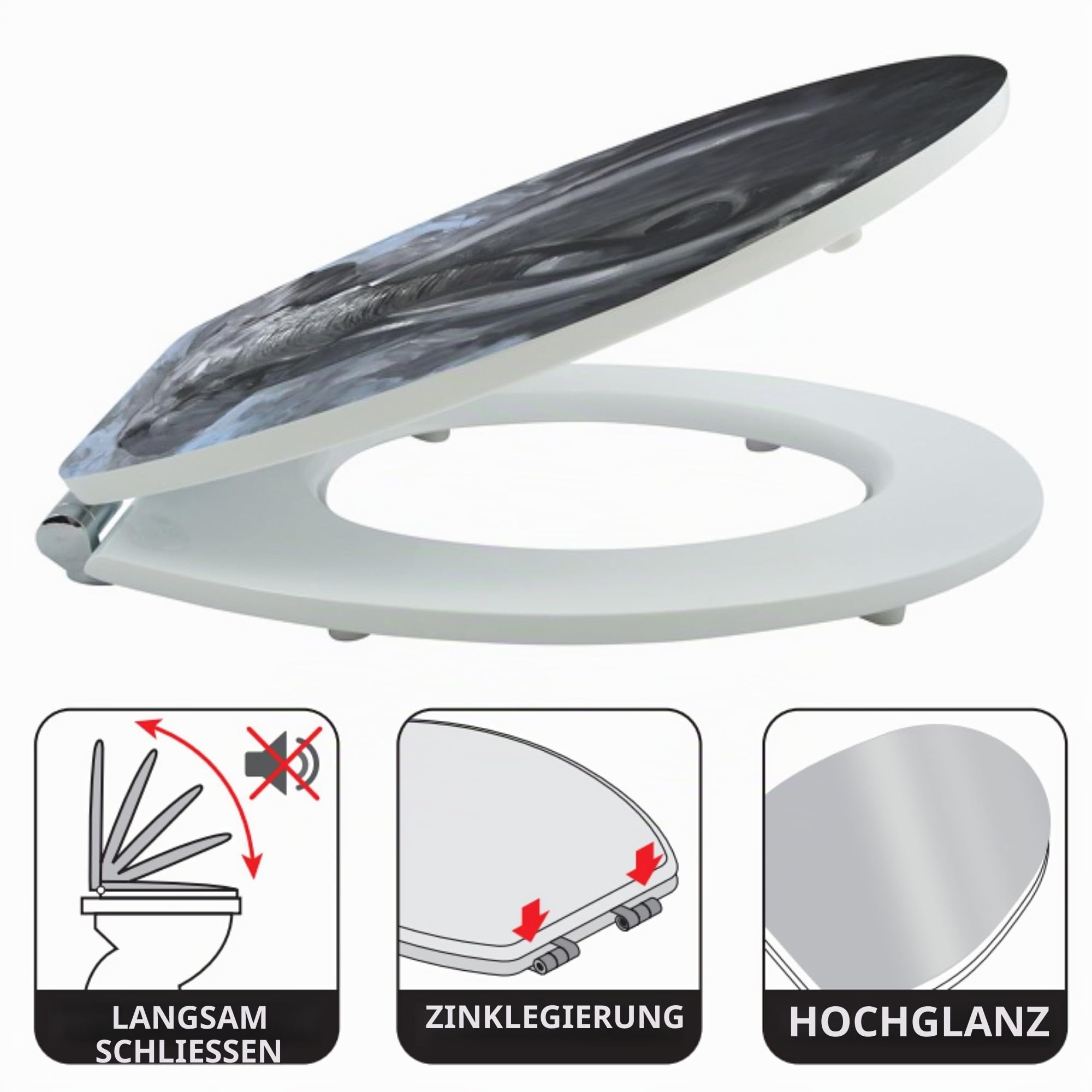 Spirella WC Deckel MDF mit Absenkautomatik Elefant mit High Gloss Finish und Schnellbefstigung Scharniere aus Edelstahl, Grau