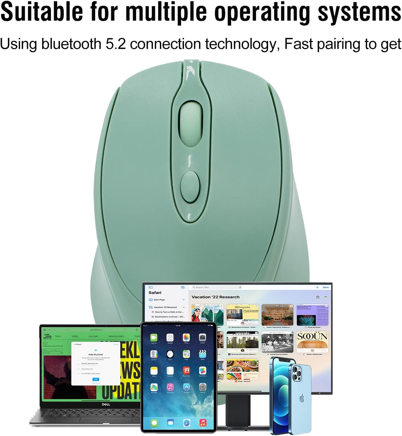 Bluetooth Mouse,Rechargeable Wireless for Laptop/iPad/MacBook Pro/Air, Silent Mouse Portable Slim for Surface Pro/PC/Lenovo/Samsung Tablet (Light Green)