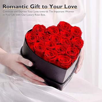 Eterfield Forever Flowers in a Heart Shaped Box Preserved Rose for Wife Mom Valentine's Day Mother's Day Gift Red Rose, Black Box