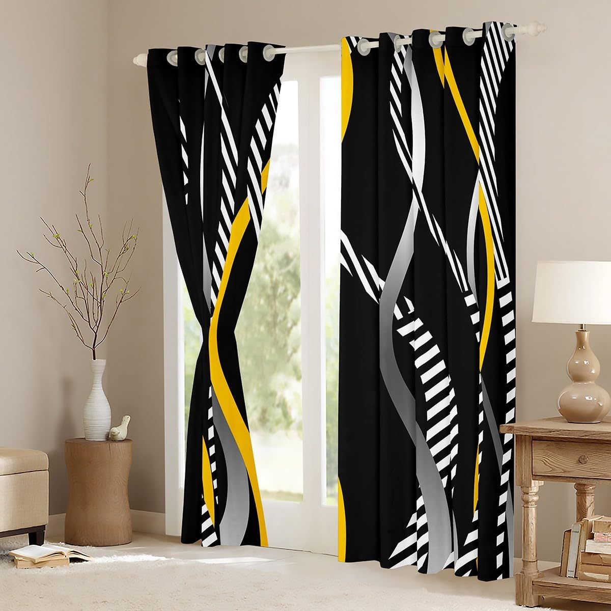 Manfei Geometric Stripe Blackout Curtain Yellow Grey White Wavy Stripe Window Drapes, Abstract Geometric Window Treatments, Kid Boy Room Decor, Grommet Top 2 Panel Set Bedroom Curtains, 42Wx84L inch