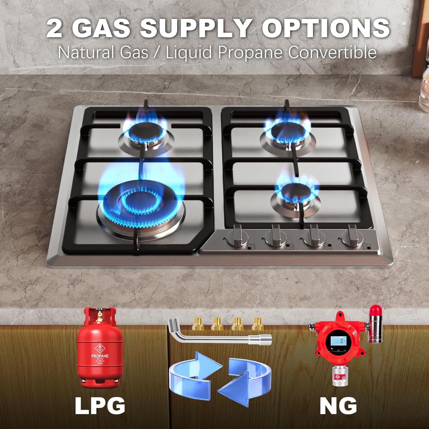 24 Inch Built in Gas Cooktop, 4 Burners Stainless Steel Gas Stove Top with NG/LPG Conversion Kit, Propane Cooktop with Thermocouple Protection for Kitchen,110V,Plug in