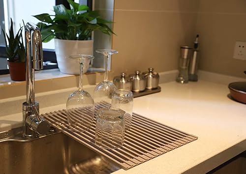 Miniatura 9 de Ahyuan - Escurridor de platos grande enrollable para fregadero, cuadrado, barras sólidas multiuso, revestidas de silicona, acero inoxidable,