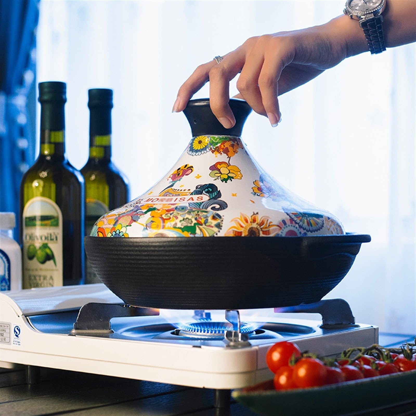 Bedruckter Tajine Topf Langlebiger Keramik- Tagine Marokko Mit Konischem Deckel, Auflaufform Zum Köcheln Von Eintöpfen, Currys, Kochen