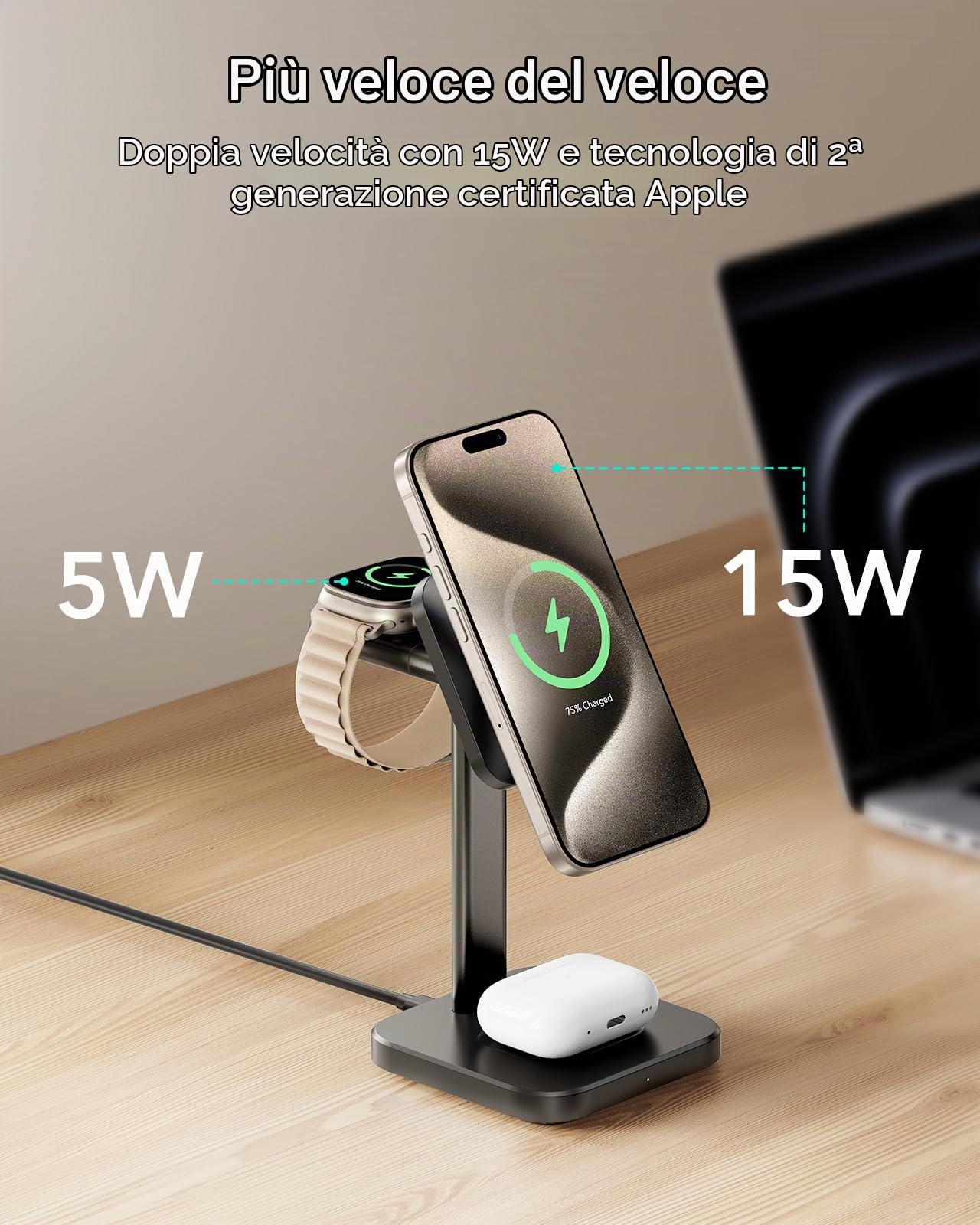 ESR Stazione di Ricarica Wireless per iPhone 3-in-1 per iPhone 17e-12 | 15W Caricatore Wireless, Supporto di Ricarica MagSafe 15W per Apple Watch, AirPods 4, Nero
