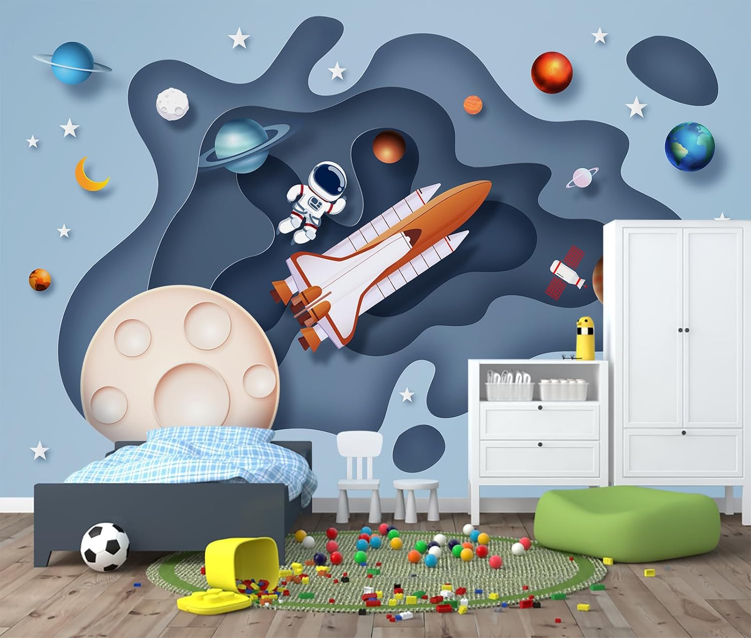 3D Astronaut Kids Wallpaper Nursery Wallpaper Mural Cartoon Planet Rocket Wall Mural for Boys Room?Not Peel and Stick? Cybh-941 130" W x 95" H
