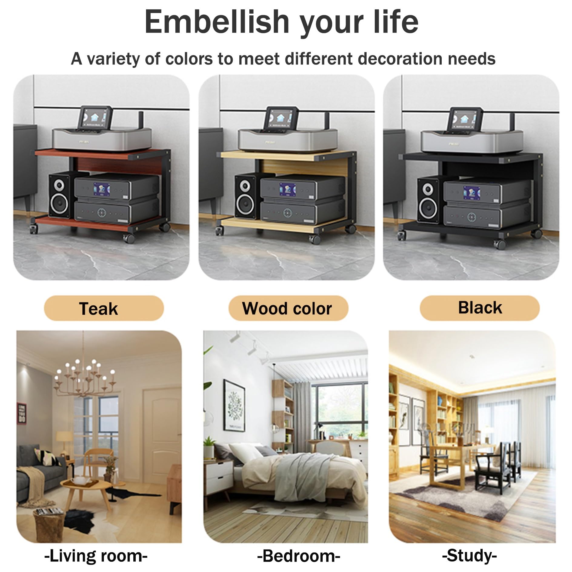 Mueble Equipo HiFi,Soporte Altavoz,Mueble Tocadiscos,Mesa Auxiliar con Ruedas,Mueble Soporte Impresora Móvil de Madera,Mueble TV de 2 Niveles,para Hogar Oficina Escuela(Nero,50x40x65cm)