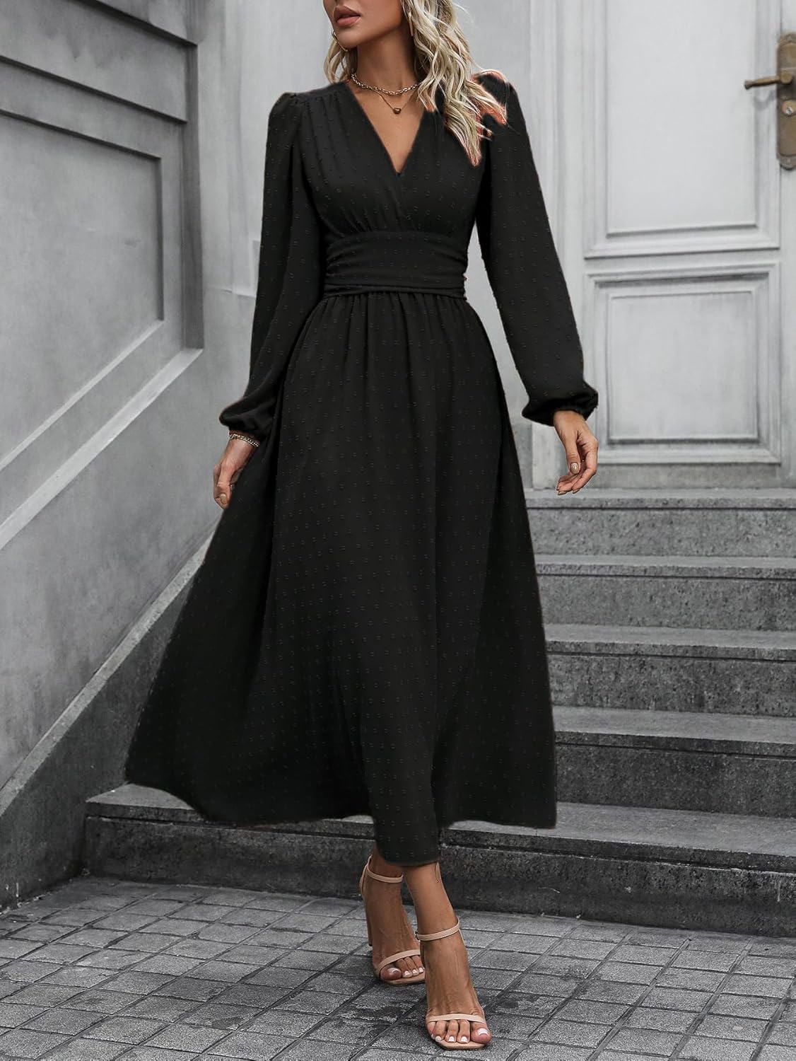 Mettclasi Women's Spring Fall Swiss Dot V Neck Maxi Dress Casual Puff Long Lantern Sleeve A-Line Flowy Dress - Image 2