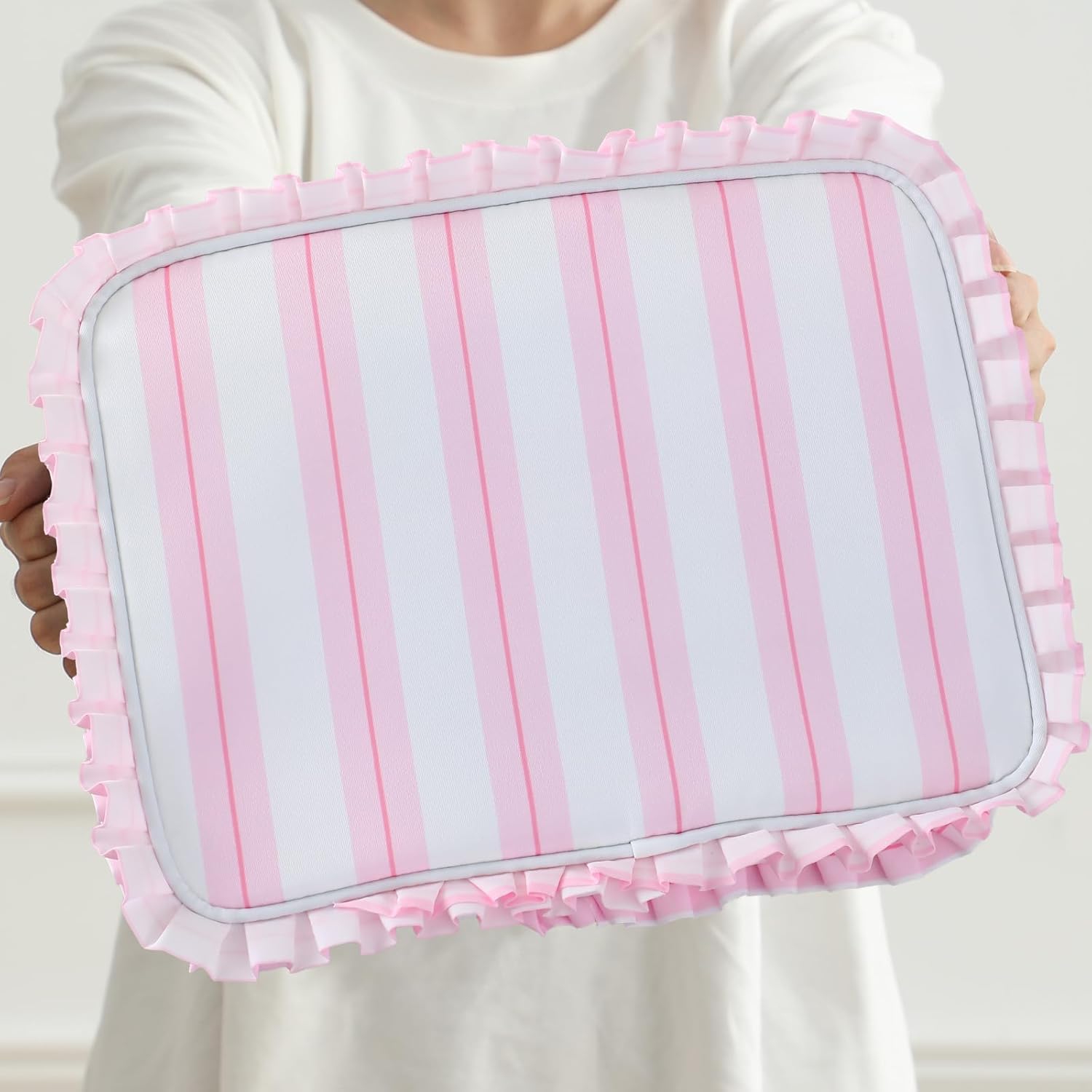 Stripe Ruffle Makeup Bag,Large Travel Cute Cosmetic Bag for Women Girls,Toiletry Bag Make up Organizer 11.8 x 4.7 x 9 inch (Pink Stripe) - Image 7