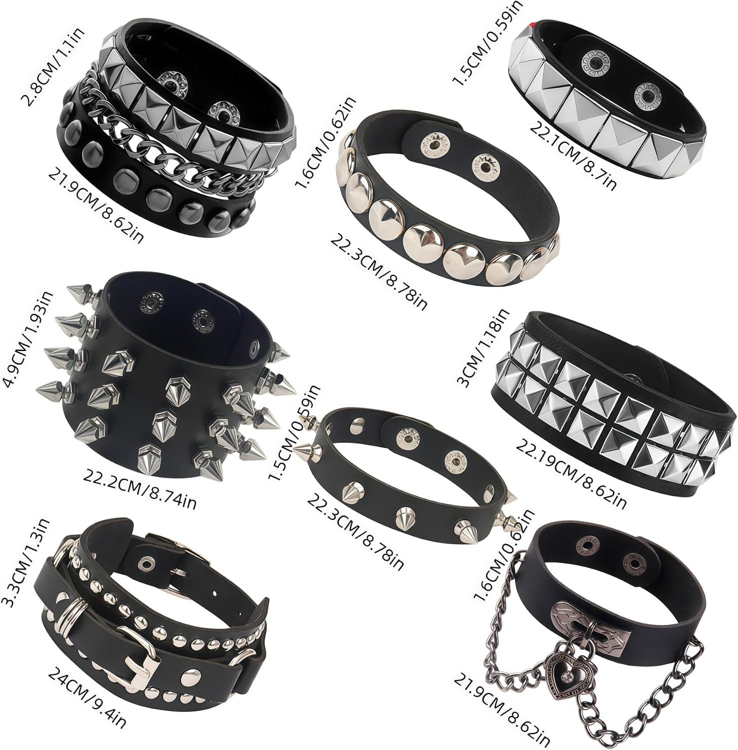 8 Pcs Punk Rock Studded Bracelet Set Leather Cuff Bracelets for Men Women 80s Emo Goth Metal Wristband Accessories