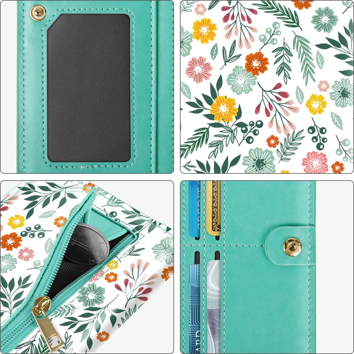 Ultra Slim Womens Wallet Minimalist Thin Long Leather Bifold Wallet RFID Blocking Card Holder Organizer with Zipper Coin Pocket Ladies Girls Gift Purse, Green Flowers - Image 6