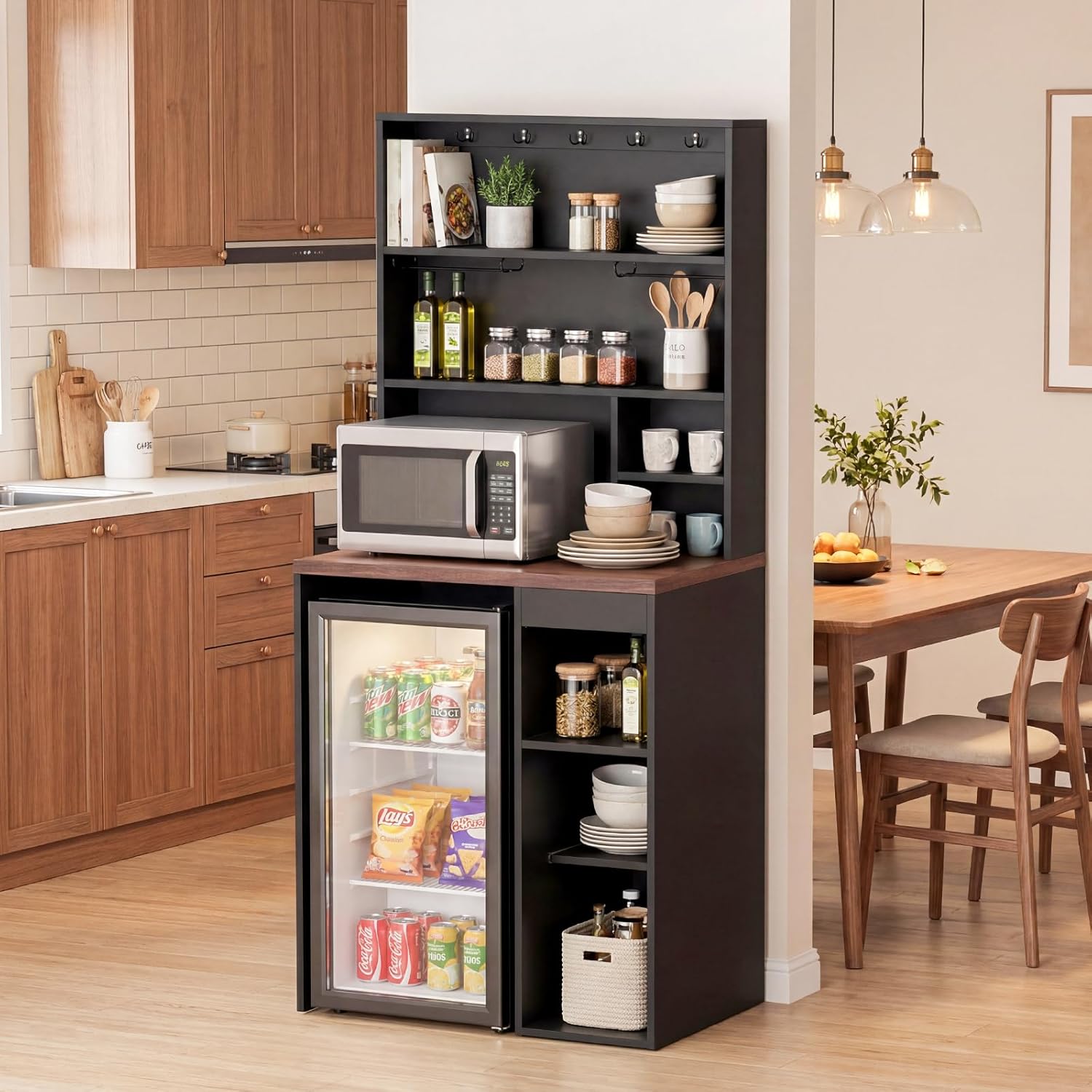 8-Tier Tall Home Coffee Bar Cabinet with Fridge Space, Mini Fridge Stand with Glass Holders, Tall Microwave Stand Liquor Cabinet with Drawer for Kitchen Dining Room Living Room Bar Office Dorm (Black)