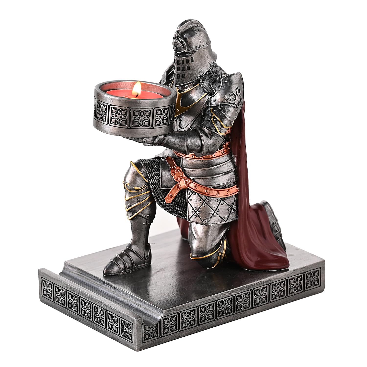 Hdmbigmi Iron King's Guard Kneeling Knight Candlestick Holders Resin Posture Tealight Holder Warrior Mobile Phone Stand Pen Holder Candle Holder For Restaurant, Altar, Home Table(Iron)