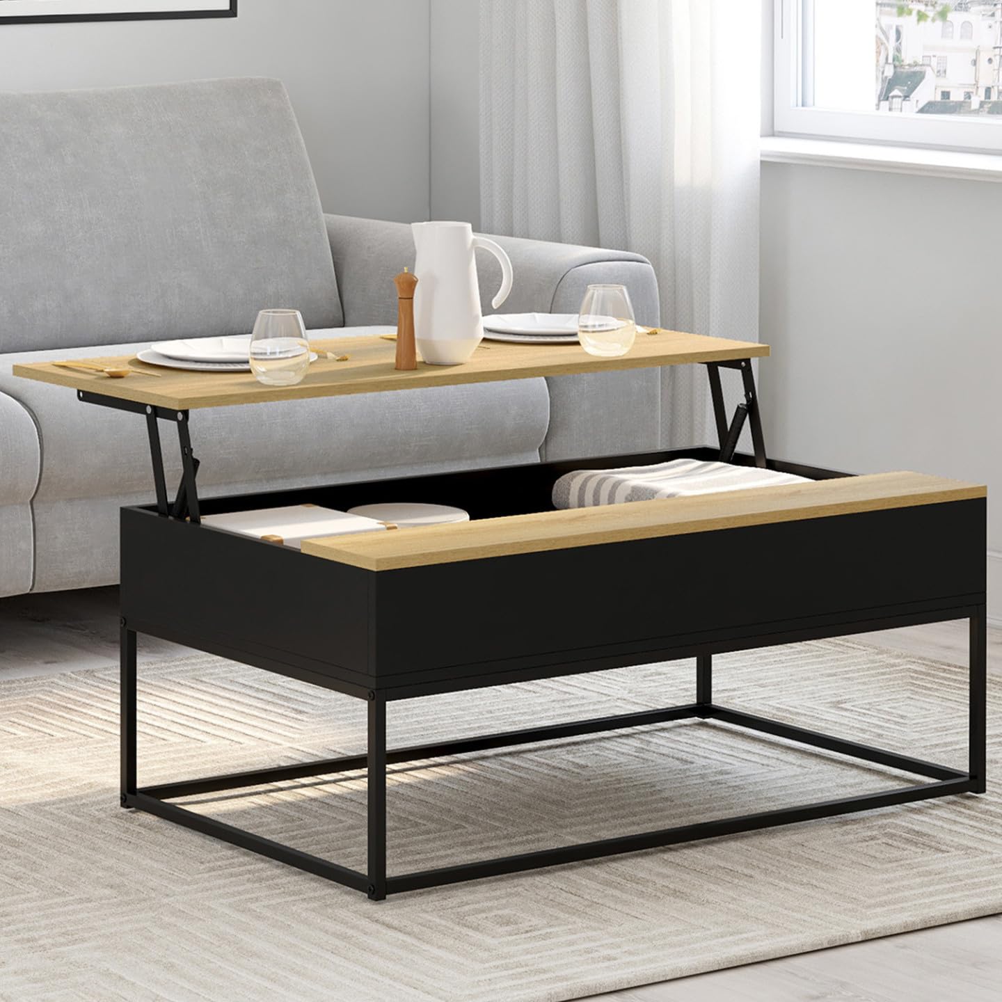 IDMarket - Mesa auxiliar rectangular con tablero extraíble BOSTON 100 cm negro diseño industrial tablero de madera
