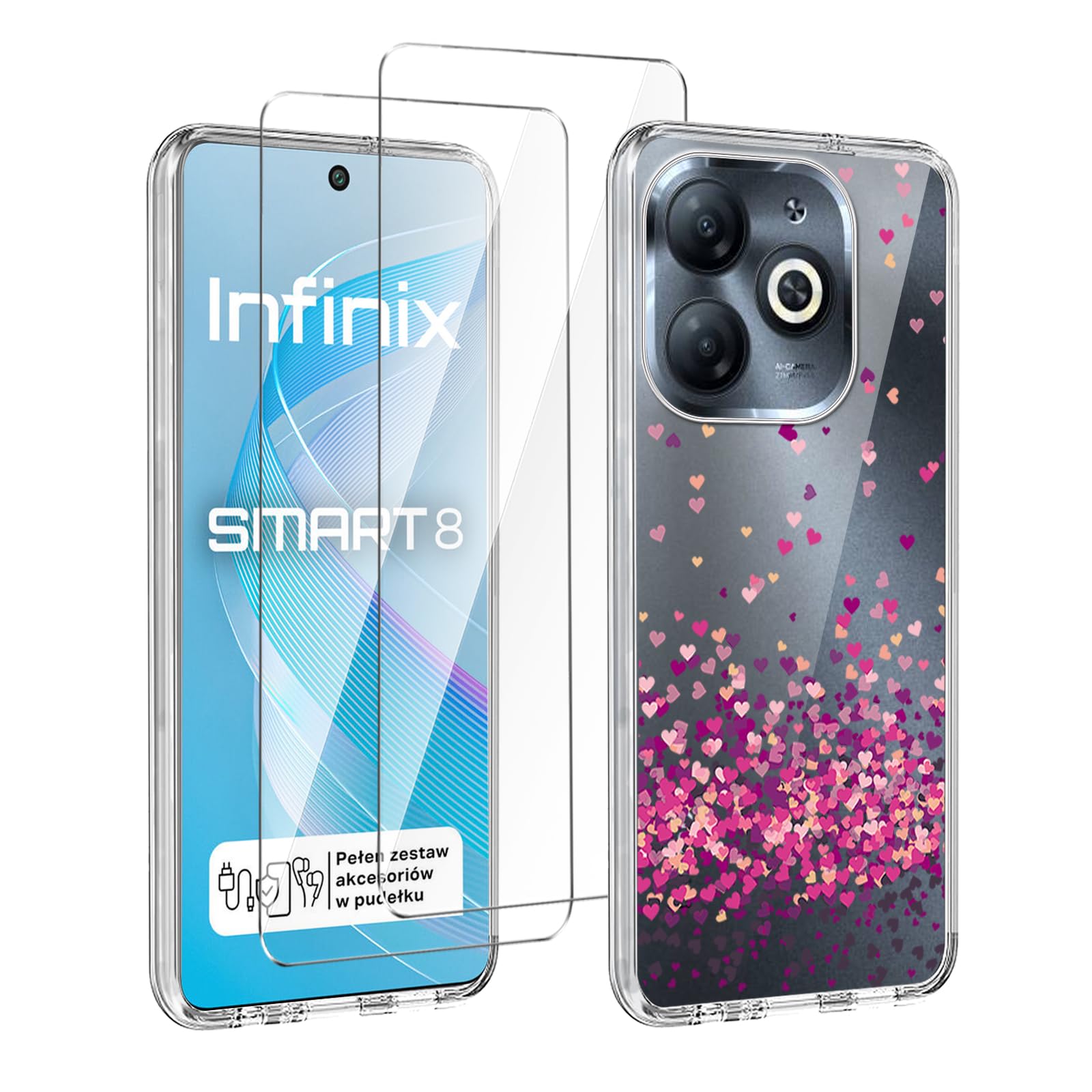Case for Infinix Smart 8/Hot 40i (6.6") Transparent Mobile Phone Cover + 2 Pieces Tempered Glass Protective Film, Soft Silicone TPU Protective Case-WM85