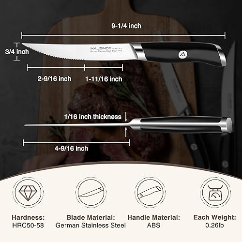 Miniatura 2 de HAUSHOF Juego de 4 cuchillos para carne, acero inoxidable alemán de alta calidad con caja de regalo, diseño de espiga completa con mango ergonómico,