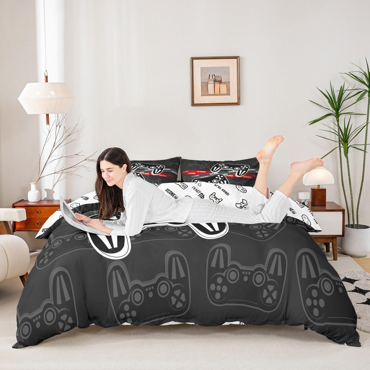 Homemissing Set di biancheria da letto con copripiumino nero per bambini, ragazzi, ragazze, adolescenti, decorazione per la stanza dei videogiochi, con 2 federe, motivo: gamepad
