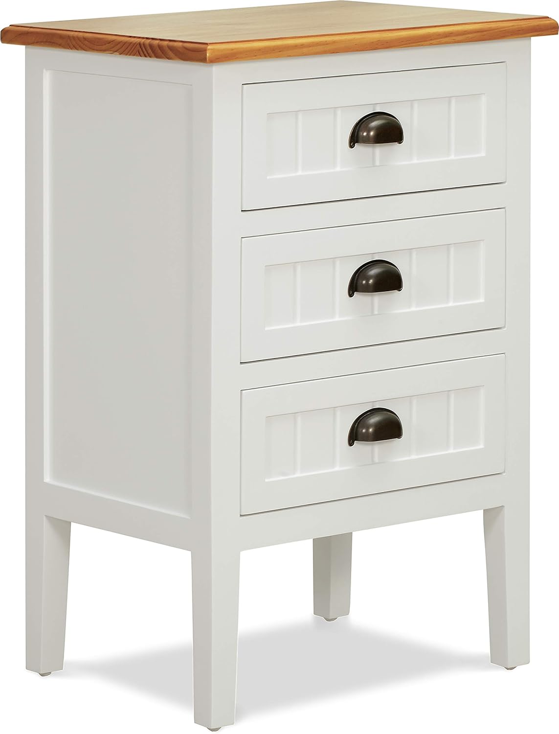 ClickDecor Martin Cabinet Nightstand, 3 Large 13" Drawers, Natural Grain Acacia Wood Top, Metal Cup Handles, BedsideTable for Bedroom, SideTable or EndTable for Living Room, Fully Assembled, White