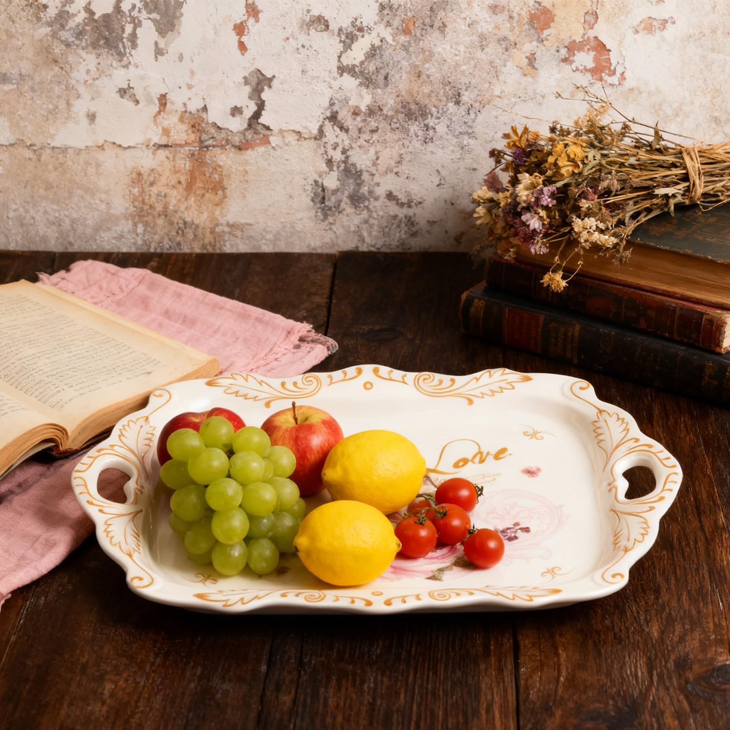 3 Pack Melamine Serving Tray, Stackable Design with Handles for Daily Use, Durable Large Platter Featuring Floral Print Suitable for Home, Party, Restaurant Decor, 16x11 Inch Rectangle Style