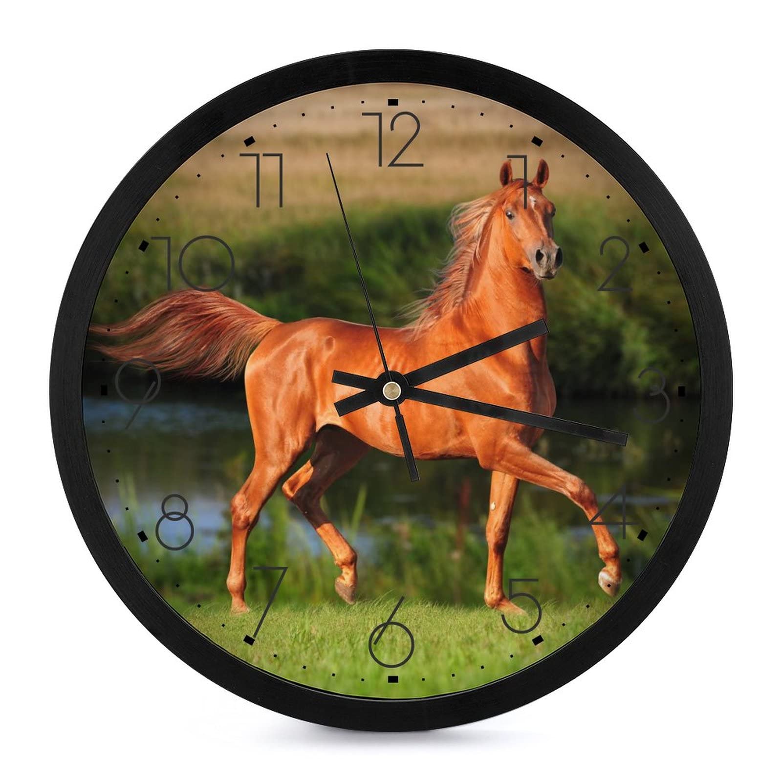 Horloge murale ronde cheval brun de 25.4cm pour décoration de salon et cuisine