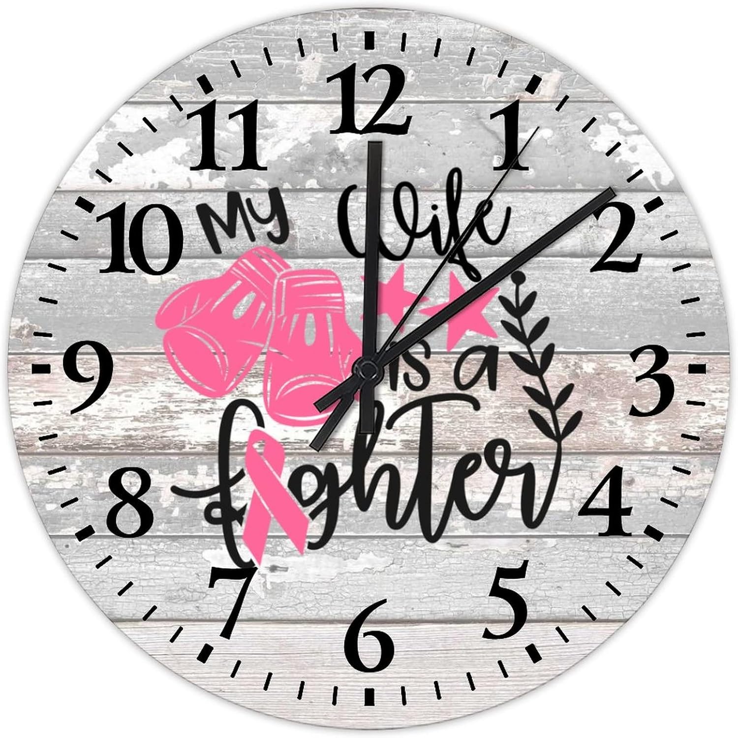 Breast Cancer My Wife is A Fighter Clock Wood 12 Inch, Breast Cancer Pink Ribbon Retro Wood Wall Clock Silent Non-Ticking Battery Operated Round Arabic Numeral Clock for Home Office School