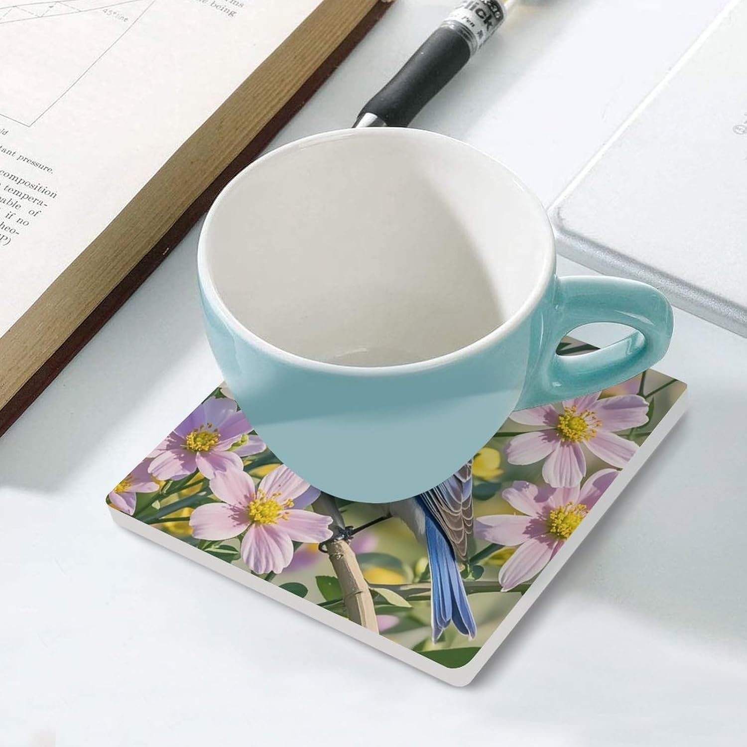 Bluebird and Flowers Coasters Absorbent Ceramic Coasters for Drinks Coaster with Cork Backing for Table Protection Square Drink Cup Mat Modern Style Coaster for Coffee Table