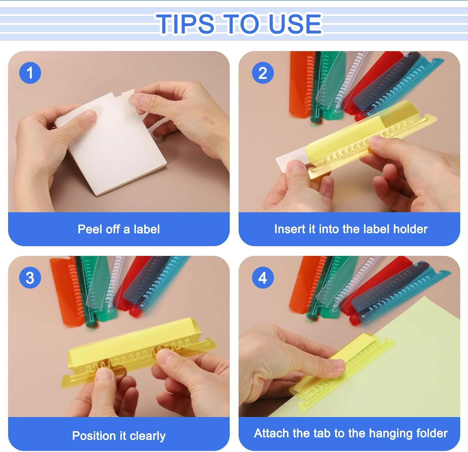 uxcell Hanging File Folder Tabs, 4 Inch Insertable Tabs and Inserts Plastic Clear File Organizer Labels Filing for Folder Quick Identification, Blue, 150 Pcs