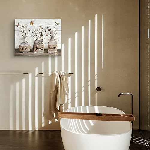 Miniatura 7 de Parylore Decoración de baño de granja, arte de pared con flores de algodón, decoración de pared, tarro rústico de masón, pintura de estilo granja,