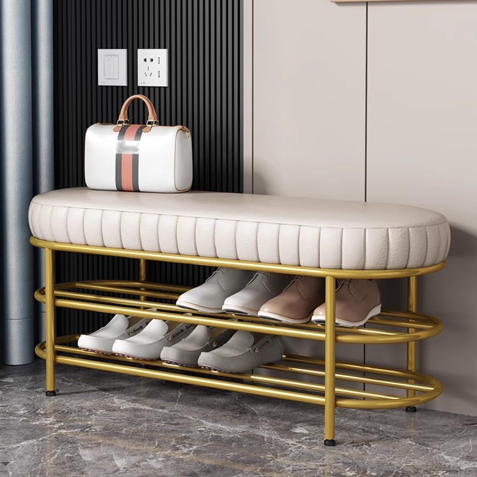 Étagère à chaussures 3 niveaux avec banc rembourré en tissu gris pour entrée
