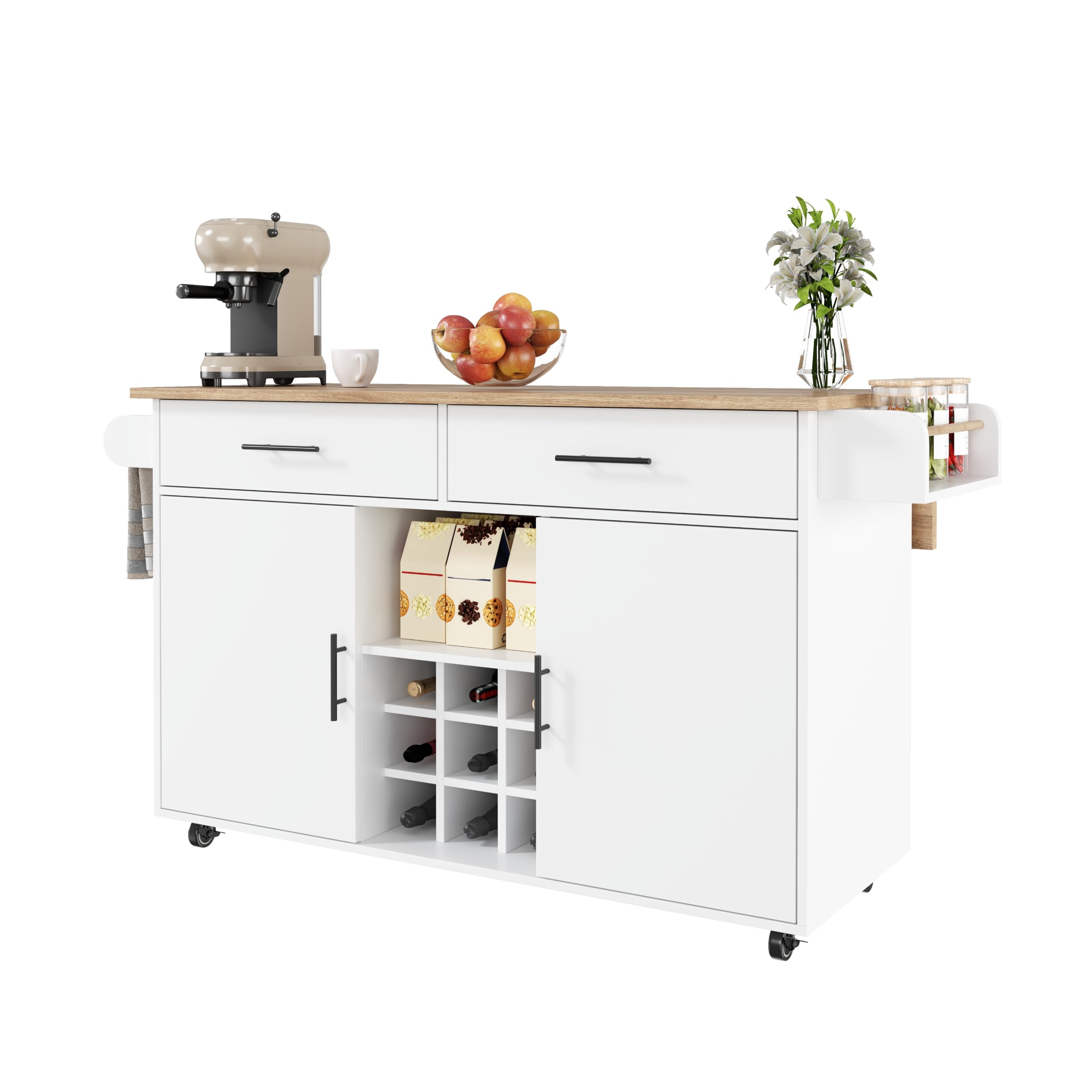 Isola da cucina con piano di lavoro pieghevole, bianco, carrello da cucina arrotolabile con vano portaoggetti, 2 cassetti, scaffale per vino, portaspezie, portasciugamani, design salvaspazio