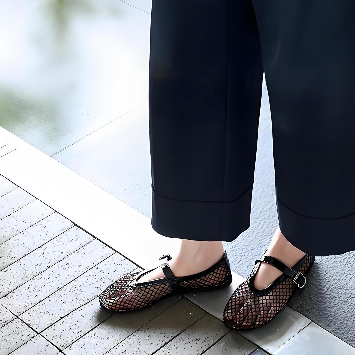 Mesh Ballet Flats for Women Round Toe Buckle Strap Comfy Casua Office Ballerina Mary Jane Flats Shoes - Image 5
