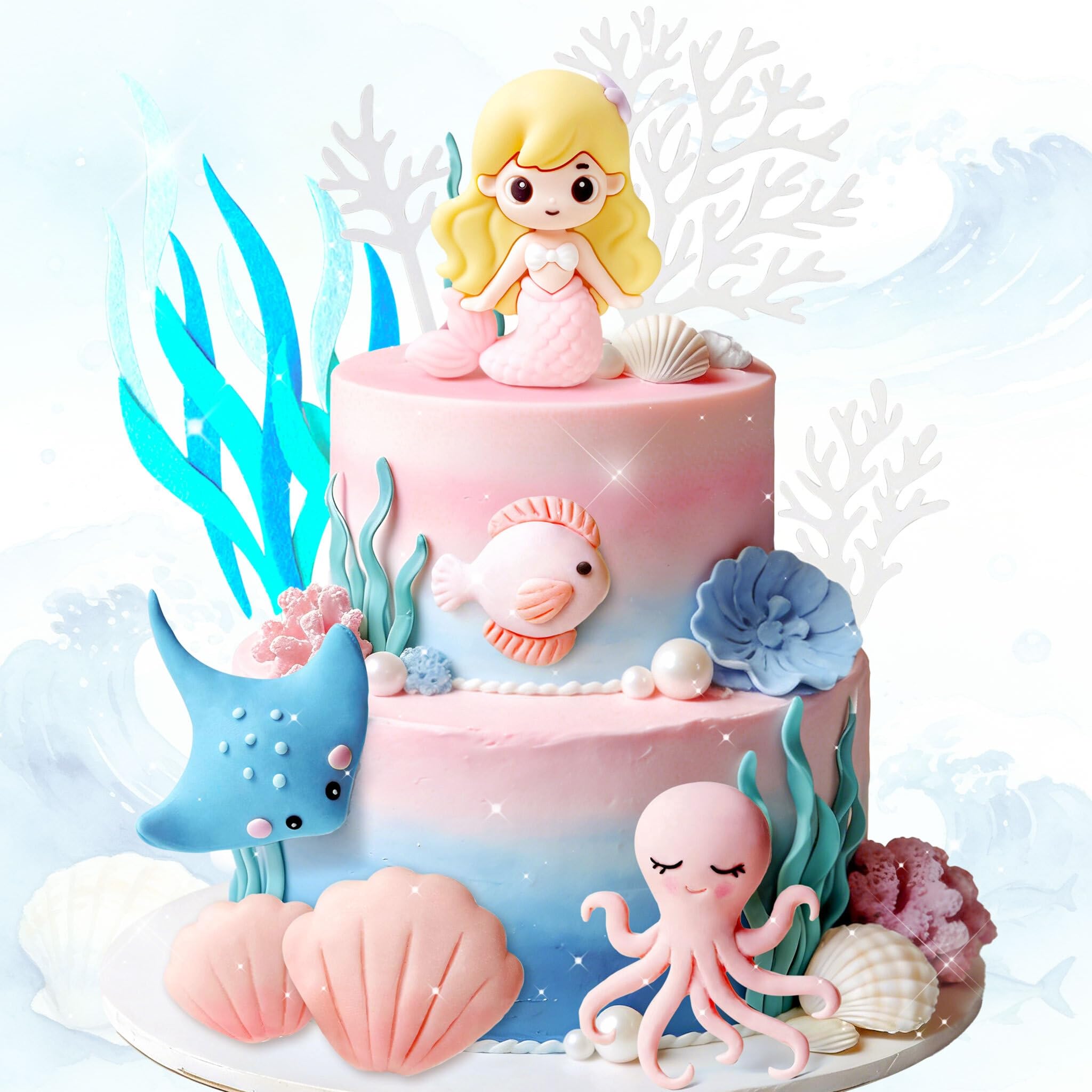Mermaid Whale Octopus Shells Corals Cake Topper Under the Sea Ocean Birthday Cake Decorations Sea Party Favor Supplies for Ocean Theme Shower Birthday Party