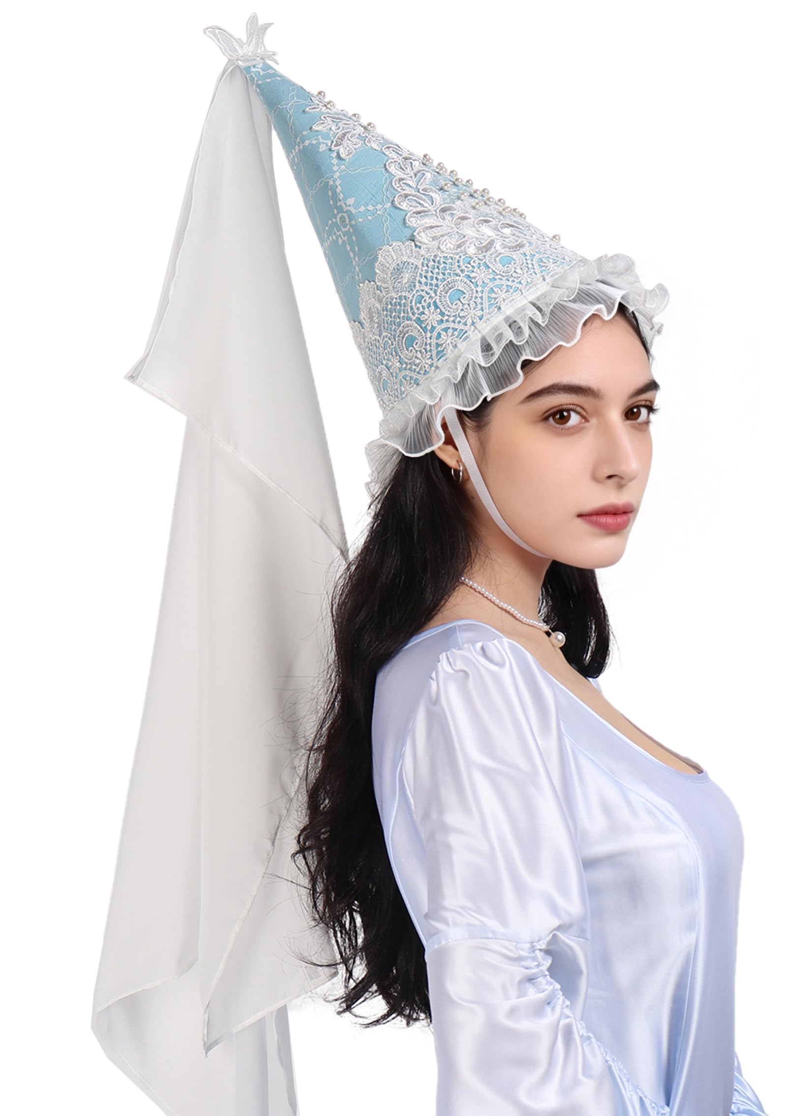 Koalswm Medieval Princess Cone Hat with Veil Renaissance Hennin Headdress Halloween LARP Costume Accessories for Women (Blue)