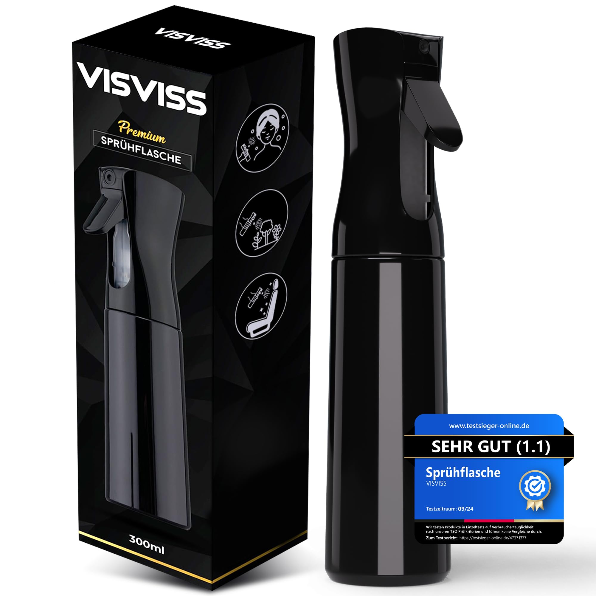 VISVISS Sprühflasche [HydroForce] – 300 ml Tropfsichere Spray Bottle | Leere Wassersprühflasche für Pflanzen, Haare & Reinigungsmittel | Lebensmittelecht, Schwarz