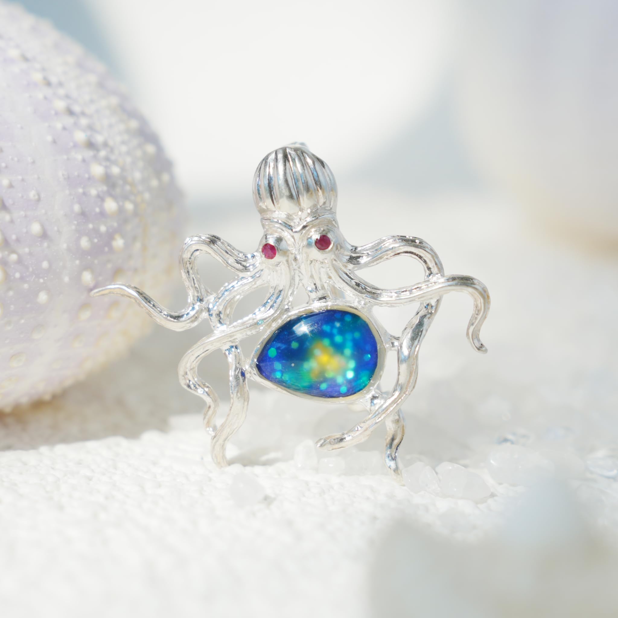 Generisch 925 Silber Oktopus Brosche Anhänger, Handbemalt mit Emaille und Farbglas, 2-in-1 Design Schmuck, Symbol für Weisheit & Meer, Geschenk für Damen & Herren