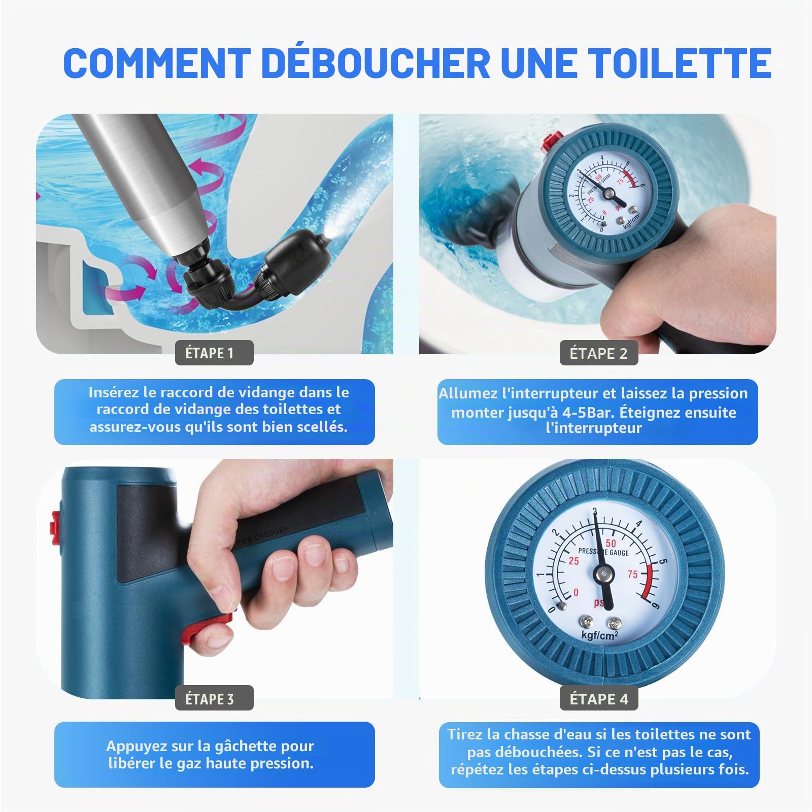 Deboucheur Canalisation Professionnel avec Baromètre, Déboucheur Canalisation avec 4 Ventouses, Gants et Pince à Griffes, Électrique Deboucheur WC pour Toilettes, Tuyaux de Cuisine