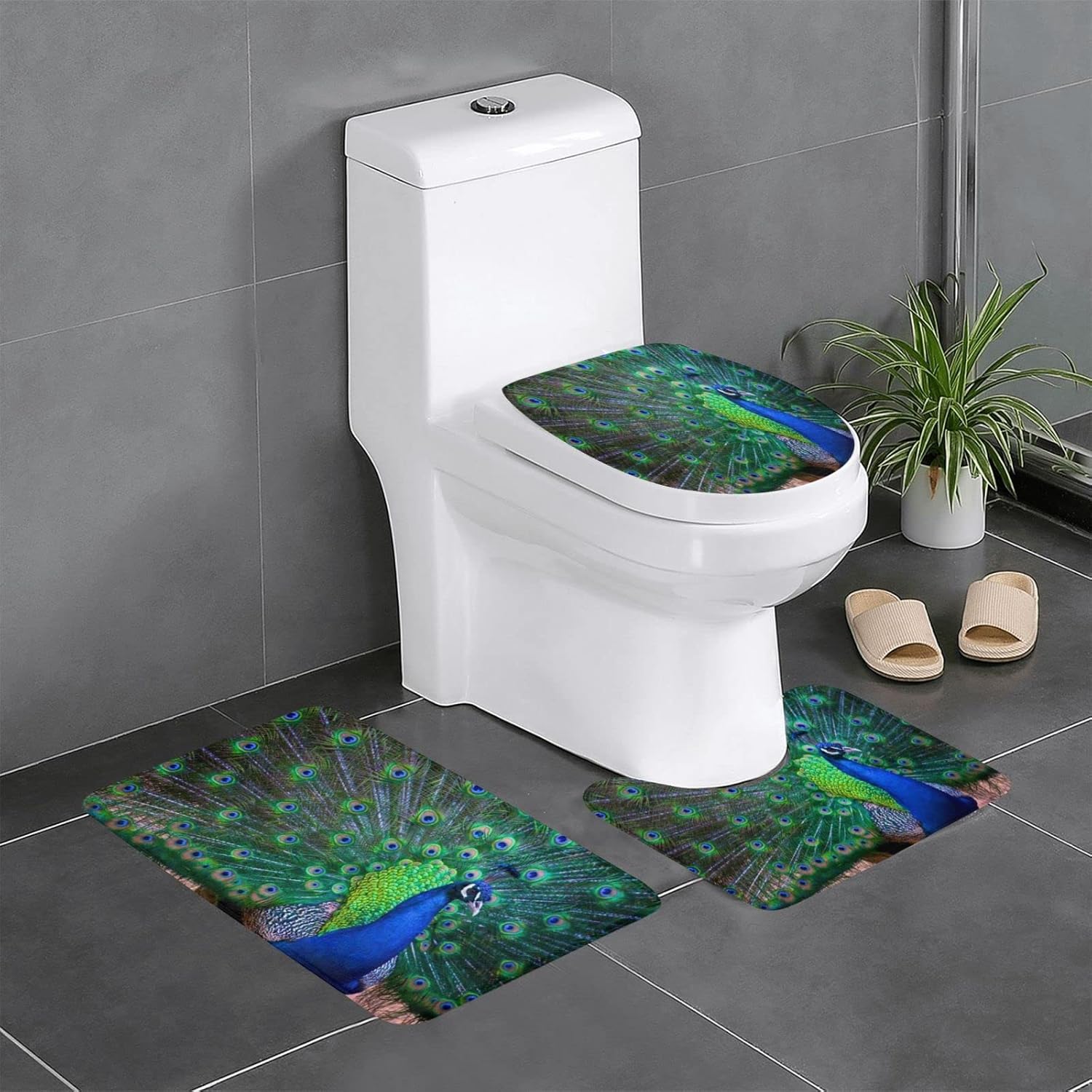 Bathroom Rug Set 3 Pieces Beautiful Peacock Print Flannel NonSlip