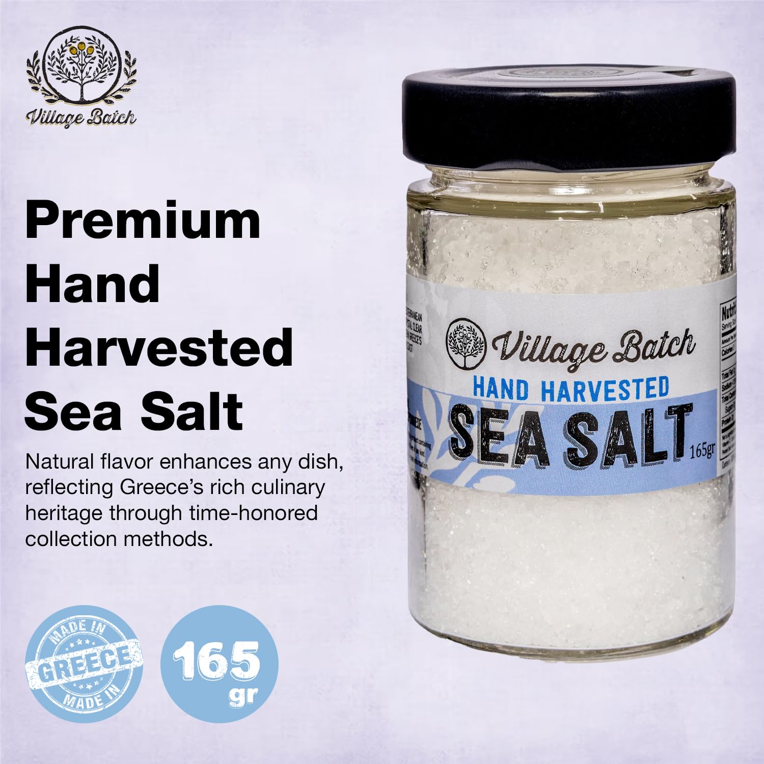 VILLAGE BATCH Harvested Organic Course Sea Salt Flakes FROM CRYSTAL CLEAR WATERS OFF THE MANI COAST IN GREECE, Natural Kosher Salt Gourmet Salt, Flaky Sea Salt for Grinder Refill, (165 gr, 2 Pack)