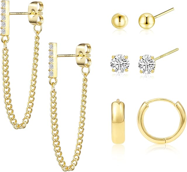6 Pairs Small Gold Earrings Set for Multi Piercing Hypoallergenic 14K Gold Plated Small Stud Huggie Hoop Multi Pack Earrings for Wome Men Girls