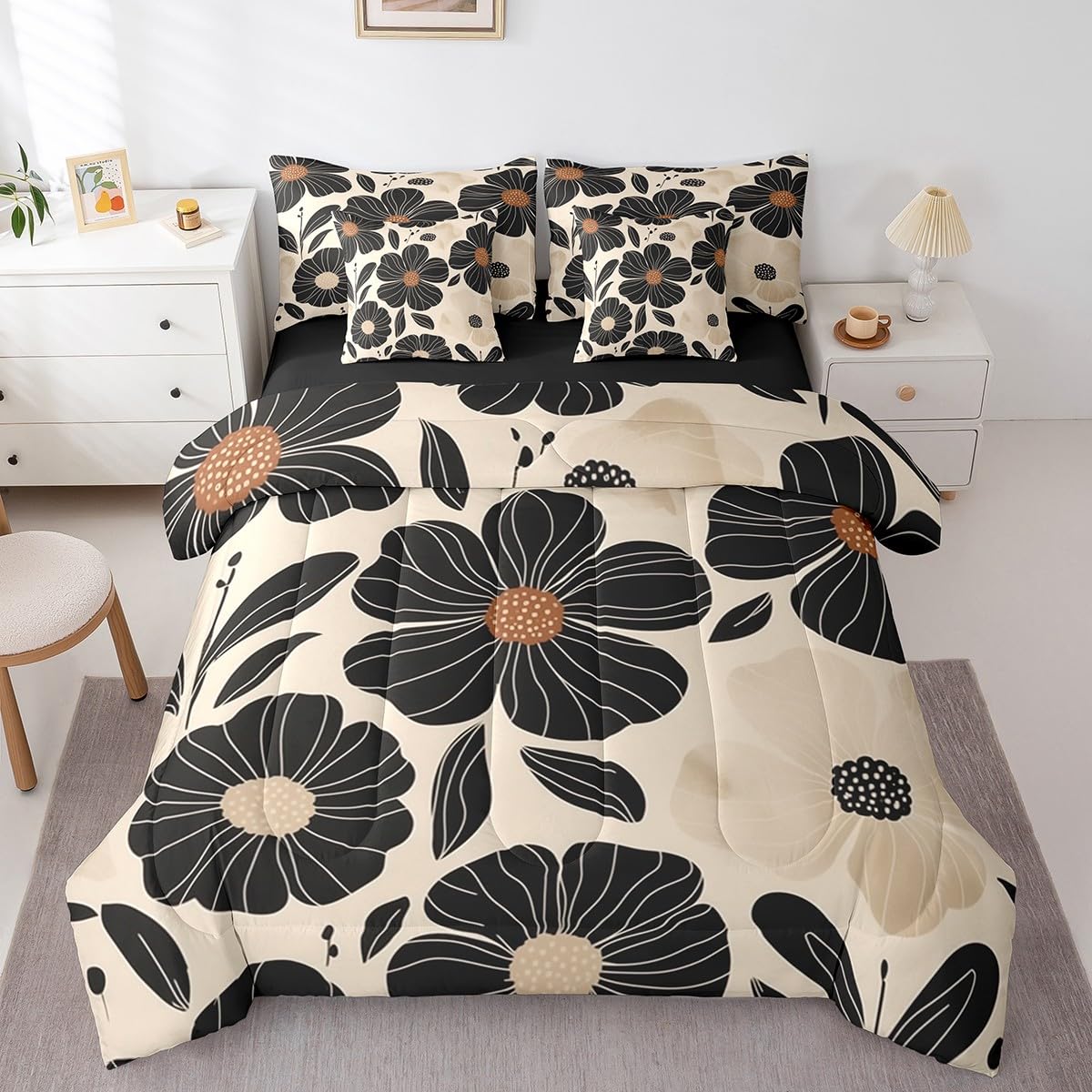 Feelyou Boho Flower 7 Piece Bedding Set King Size Black Flowers Comforter Set with Sheets for Kids Boys Girls Teens Floral Botanical Bed in a Bag