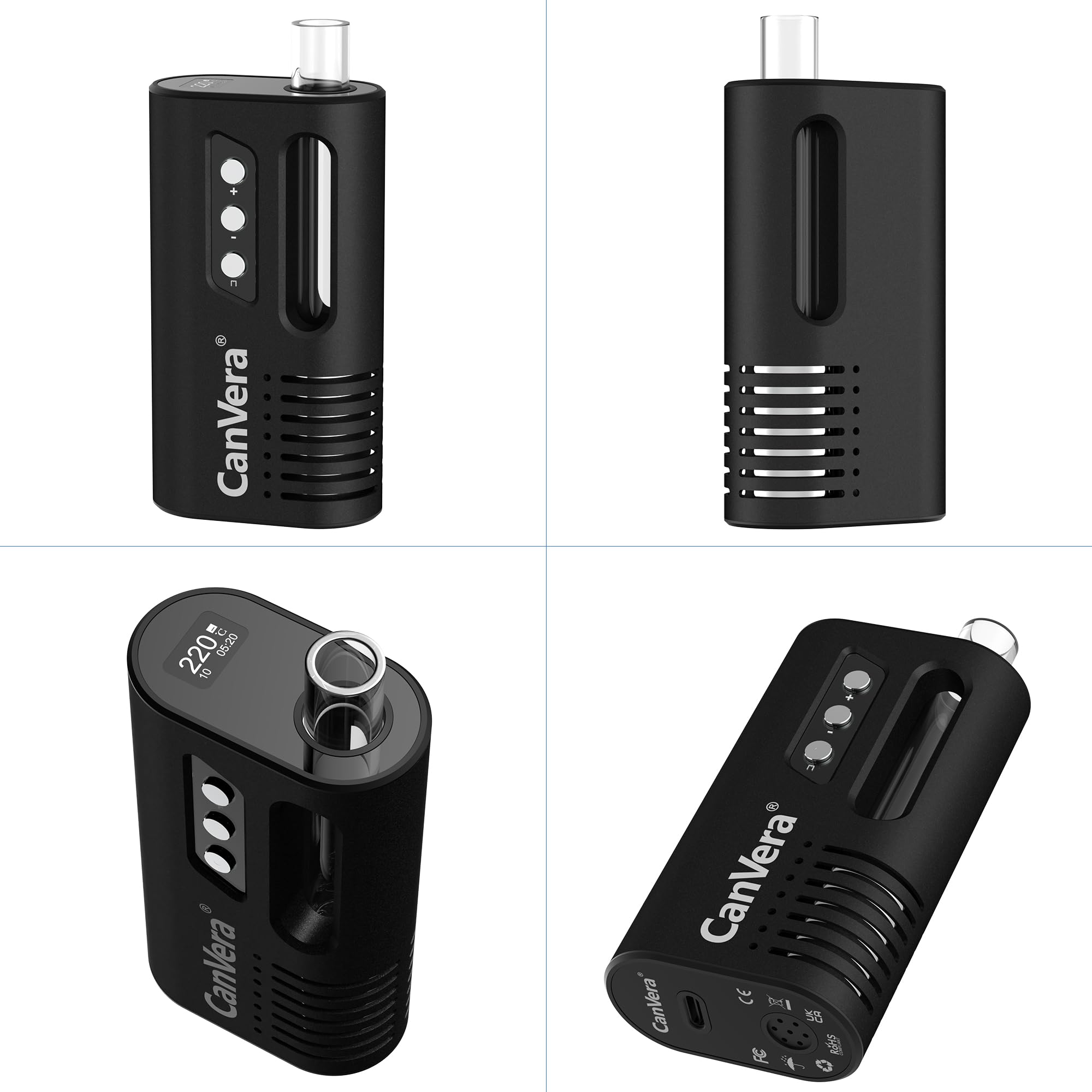 Vaporizer Cannabis | CanVera Kräuter Verdampfer | Konvektion Technologie | Temperatur 50-220℃ | Einstellbare Sessionzeit 5-13 Min. | Glasmundstück Vapo-rizer | Keramik Kammer | USB-C