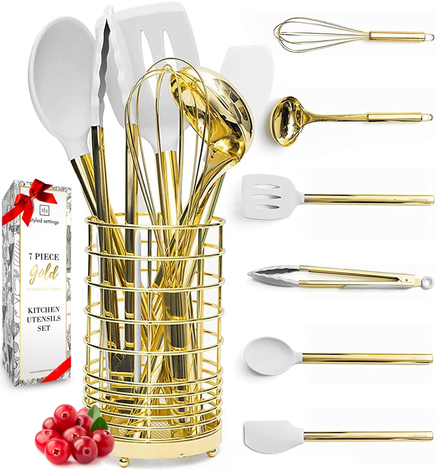 White Silicone and Gold Cooking Utensils Set with Holder- 7 PC Gold Kitchen Utensils Set Includes Gold Whisk, Gold Spatula, White Kitchen Utensils and Gold Utensil Holder- Gold Kitchen Accessories