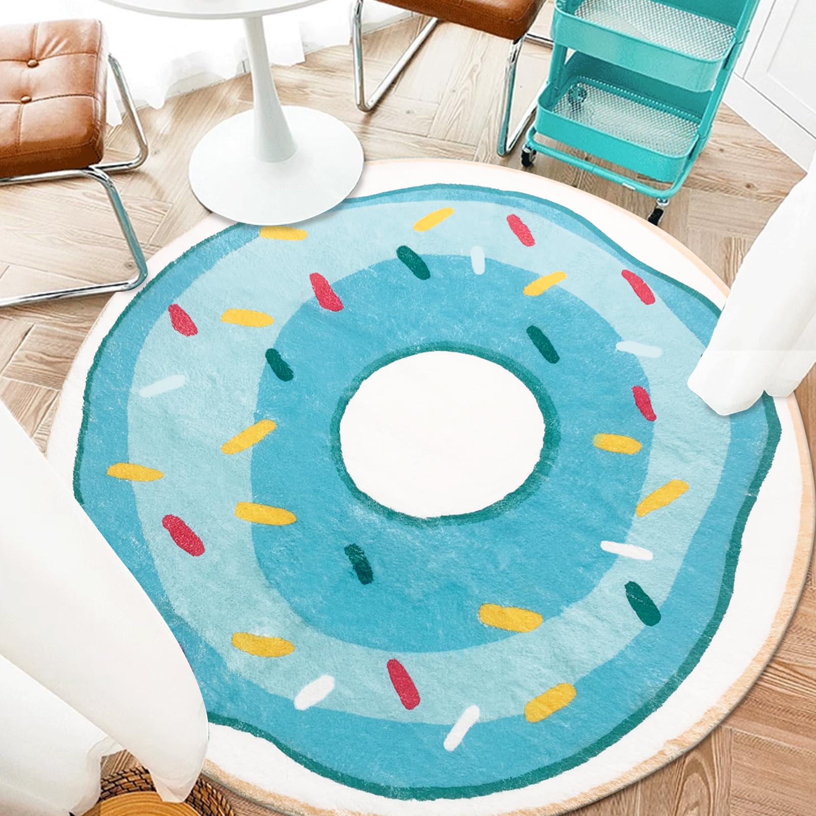 Lacomfy Kids Circle Donut Bedroom Play Mat & Rug - 4Ft Round Blue Carpet for Kids & Boys Girls Room, Nursery, Living Room, Playroom, Soft Washable